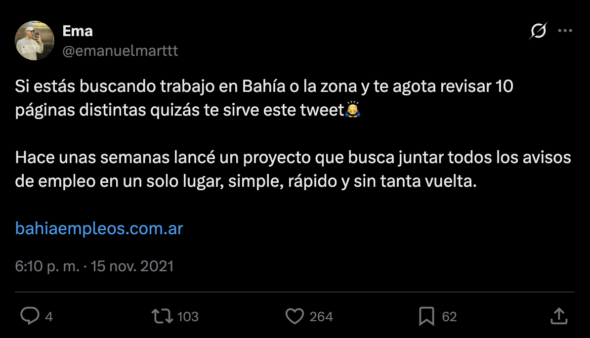 Tweet del 15 de noviembre de 2021 anunciando Bahía Empleos.